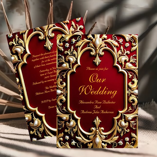 Invitation Mariage Élégant Bourguignon Or Orné Perles Rouges  (Créateur téléchargé)