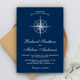 Invitation Mariage Élégant Boussole Naútíque Bleu Nuit Blanc