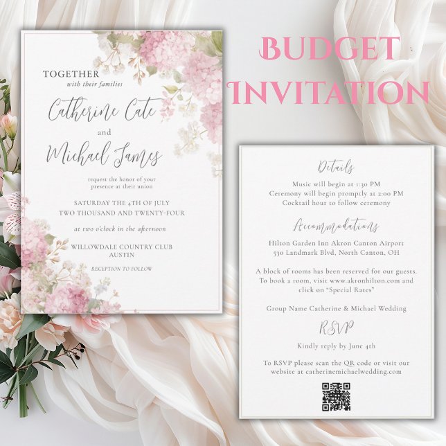 Invitation Mariage Élégant Budget Fleurs Hydrangeas Roses (Créateur téléchargé)