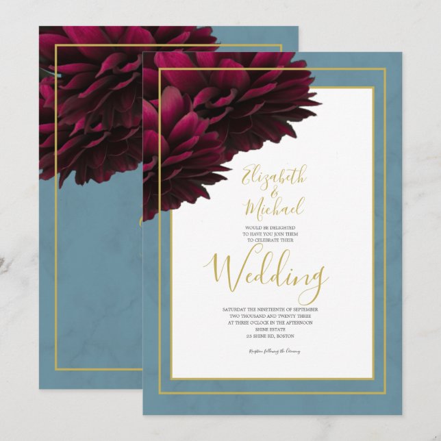 Invitation Mariage Élégant Burgundy Floral Bleu Poussiéreux O (Devant / Derrière)