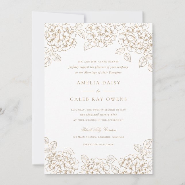 Invitation Mariage Élégant Cadre Hydrangea Or Floral (Devant)