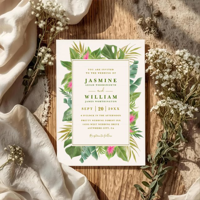 Invitation Mariage élégant cadre tropical Code QR Vert (Créateur téléchargé)