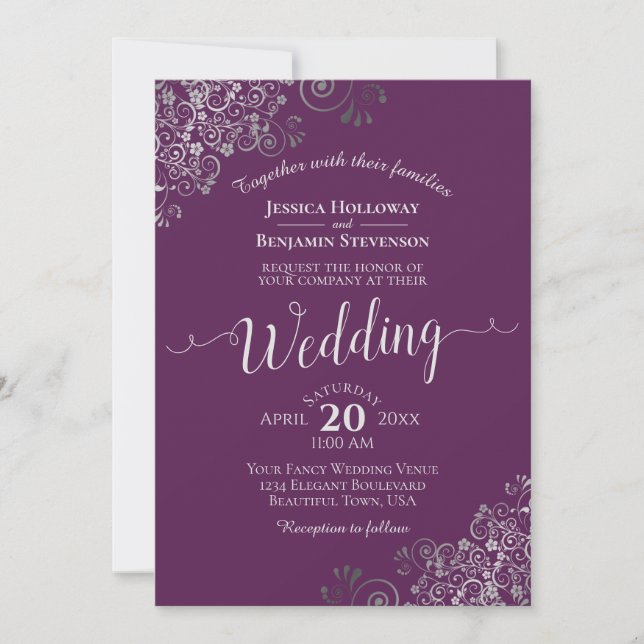 Invitation Mariage élégant calligraphie argentée prune pourpr (Devant)