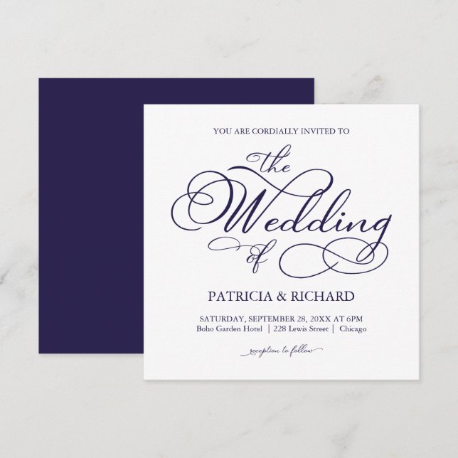 Invitation Mariage Élégant Calligraphié Bleu Nuit (Devant / Derrière)