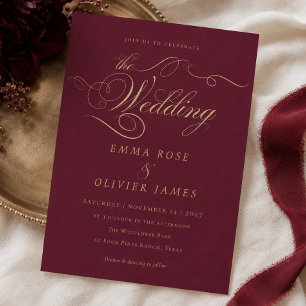 Invitation Mariage Élégant Calligraphie Bourgogne Or