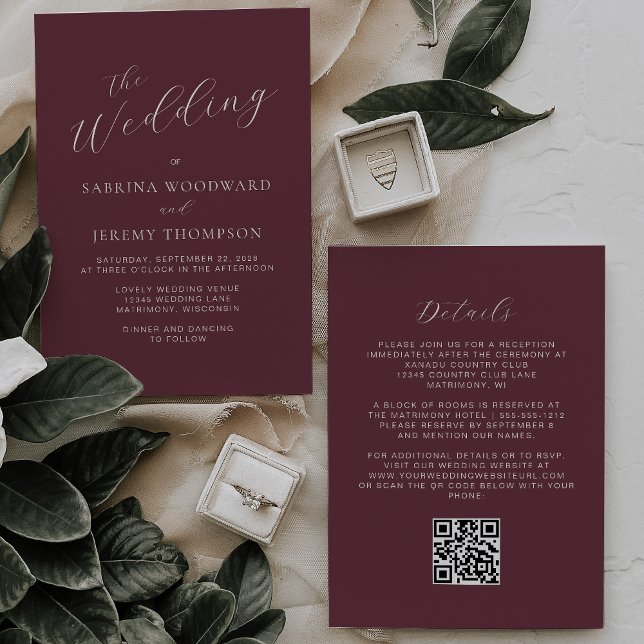 Invitation Mariage élégant calligraphie bourgogne QR Code (Créateur téléchargé)