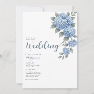 Invitation Mariage élégant calligraphie Hortensia bleu poussi