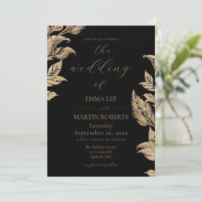 Invitation Mariage élégant calligraphie lis calla doré (Debout devant)