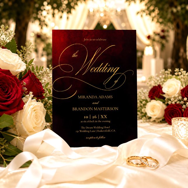 Invitation Mariage Élégant Calligraphie Rouge Noir et Or (Créateur téléchargé)