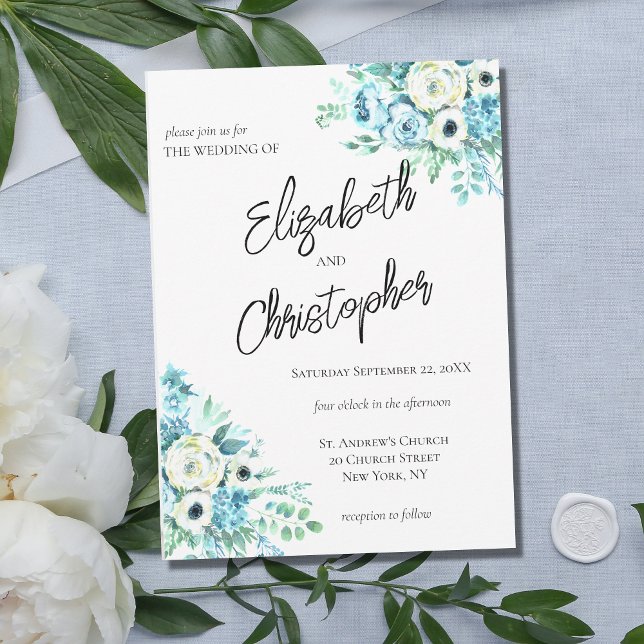 Invitation Mariage Élégant Calligraphie Script Floral Bleu (Créateur téléchargé)