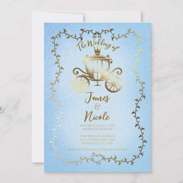 Invitation Mariage élégant Carrosse doré Histoire bleue (Devant)