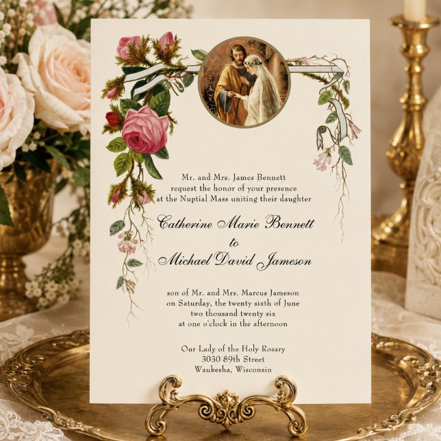 Invitation Mariage Élégant Catholique Classique Roses Ivory (Créateur téléchargé)