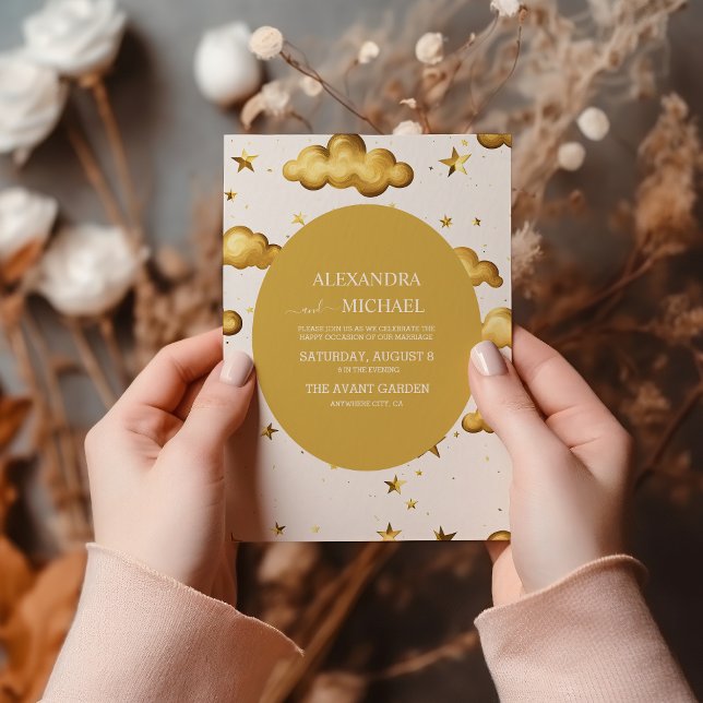 Invitation Mariage Élégant Céleste Or Lune et Étoiles (Créateur téléchargé)