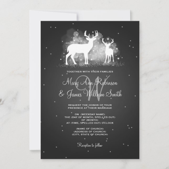 Invitation Mariage élégant Cerf d'hiver Sparkle Noir (Devant)