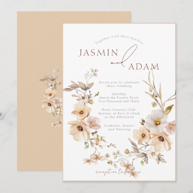 Invitation Mariage Élégant Champagne Floral Botanique (Devant / Derrière)