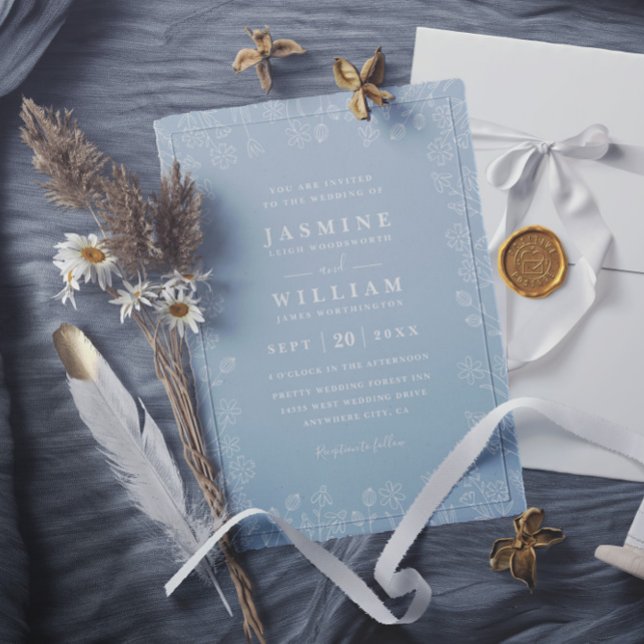 Invitation Mariage élégant chic à code QR floral blanc et ble (Créateur téléchargé)