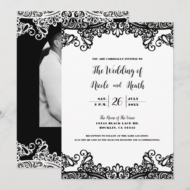 Invitation Mariage Élégant Chic Blanc & Noir Dentelle (Devant / Derrière)
