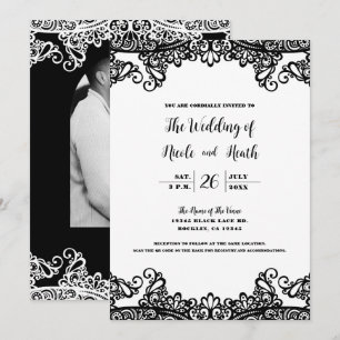 Invitation Mariage Élégant Chic Blanc & Noir Dentelle