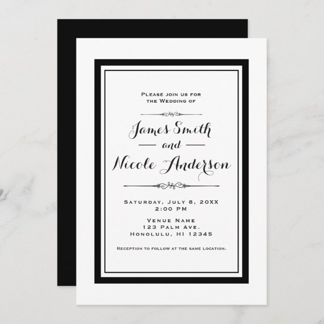 Invitation Mariage élégant chic couture blanc et noir (Devant / Derrière)