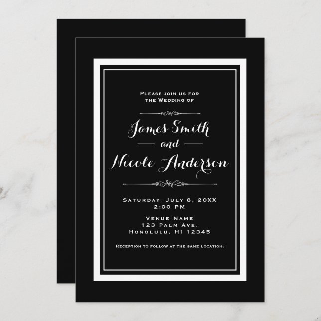 Invitation Mariage Élégant Chic Couture Noir & Blanc (Devant / Derrière)