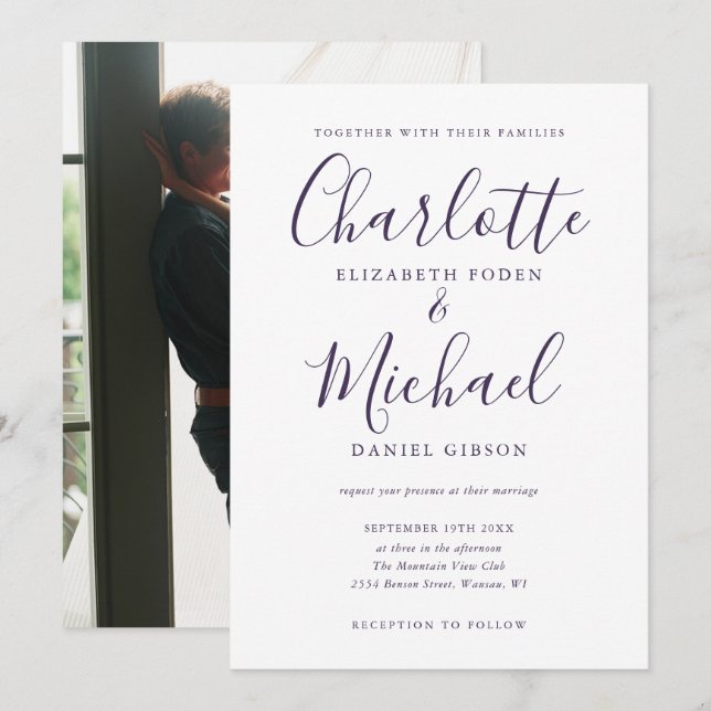 Invitation Mariage élégant chic écriture violette photo (Devant / Derrière)