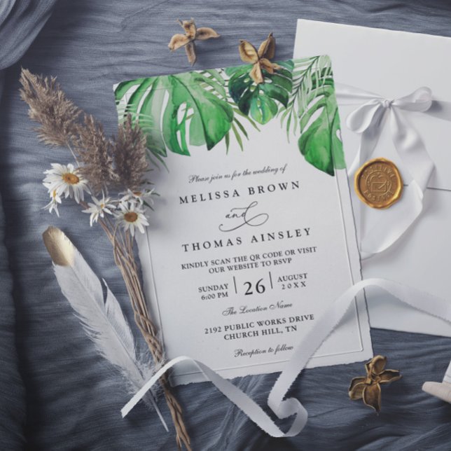 Invitation Mariage élégant chic feuille de palmier aquarelle  (Créateur téléchargé)