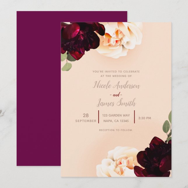 Invitation Mariage Élégant Chic Fleur Foncé Marsala Pêche (Devant / Derrière)