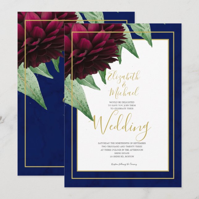Invitation Mariage élégant chic floral bordeaux or marine (Devant / Derrière)