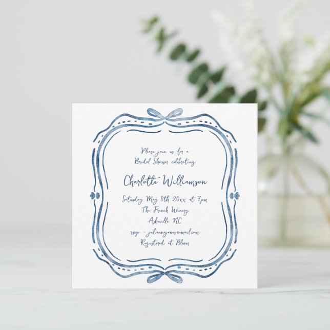 Invitation Mariage élégant chic moderne ruban bleu français (Debout devant)