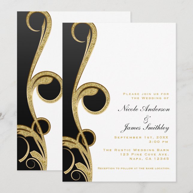 Invitation Mariage Élégant Chic Tourbillon Noir Blanc Or (Devant / Derrière)