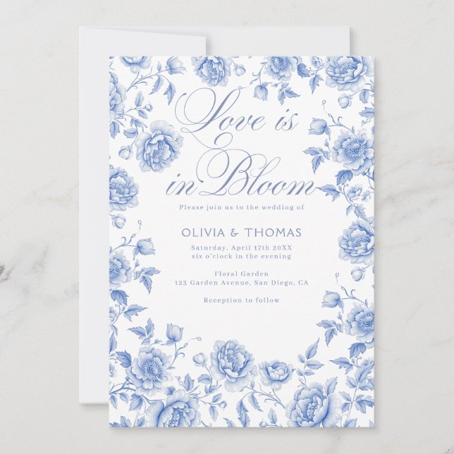 Invitation Mariage élégant chinoiserie bleu et blanc (Devant)