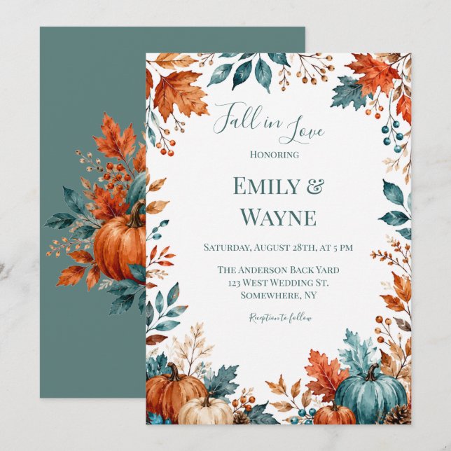 Invitation Mariage élégant citrouille rouille et sarcelle (Devant / Derrière)