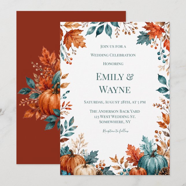 Invitation Mariage élégant citrouille rouille et sarcelle (Devant / Derrière)
