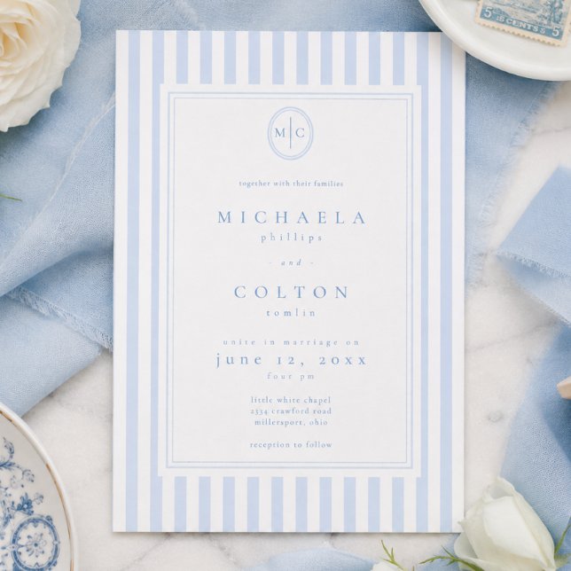 Invitation Mariage Élégant Classique à Rayures Bleues et Mono (Créateur téléchargé)