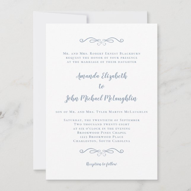 Invitation Mariage élégant classique avec écriture en bleu po (Devant)