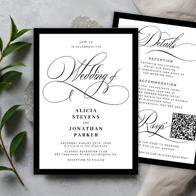 Invitation Mariage élégant classique avec QR code en calligra (Créateur téléchargé)