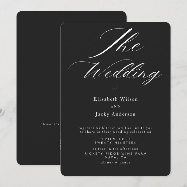 Invitation Mariage élégant classique avec QR code noir et bla (Devant / Derrière)