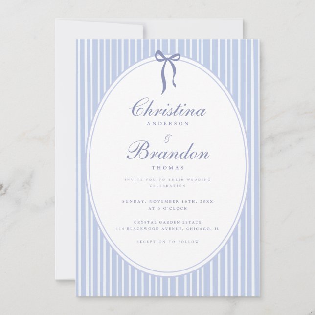 Invitation Mariage élégant classique avec ruban bleu rayé (Devant)