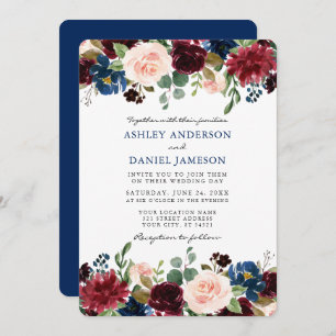 Invitation Mariage élégant Classique Bleu Aquarelle Floral
