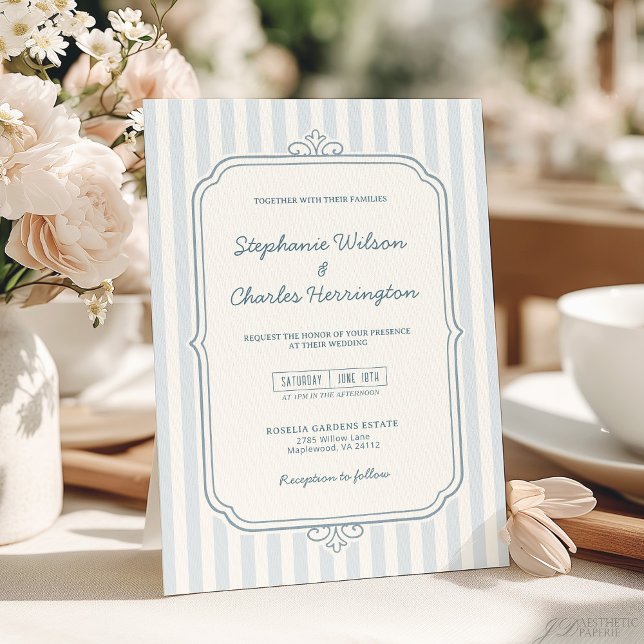 Invitation Mariage élégant classique bleu beige rayé (Créateur téléchargé)
