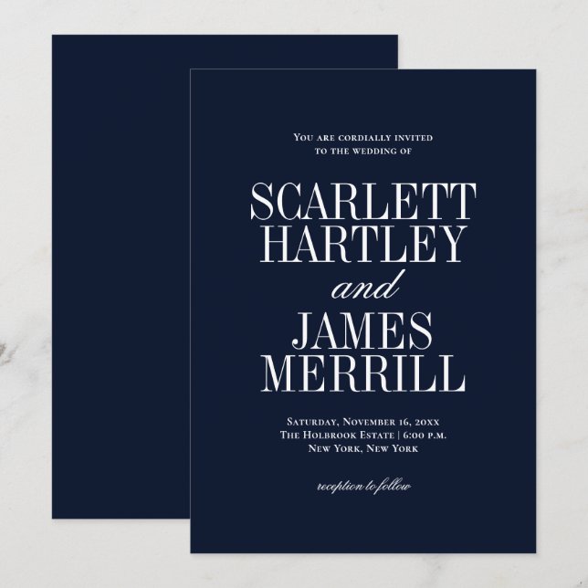 Invitation Mariage élégant classique bleu marine (Devant / Derrière)