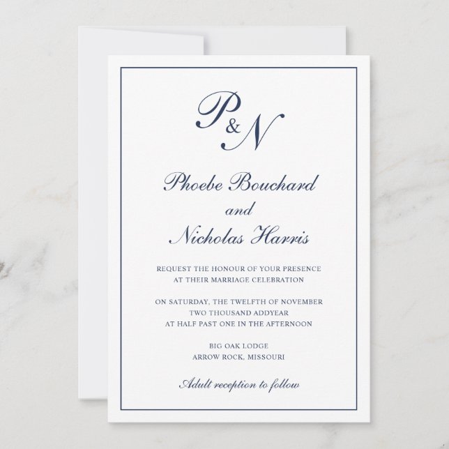 Invitation Mariage Élégant Classique Bleu Marine (Devant)