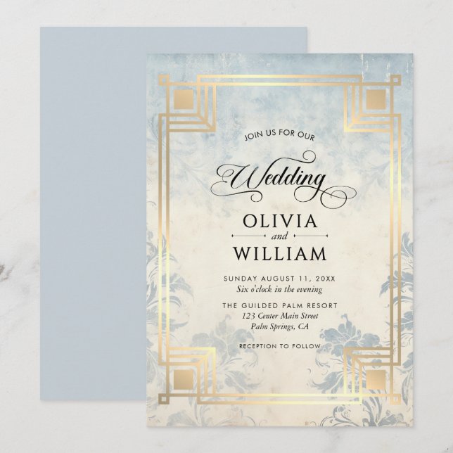 Invitation Mariage Élégant Classique Bleu Poussiéreux (Devant / Derrière)