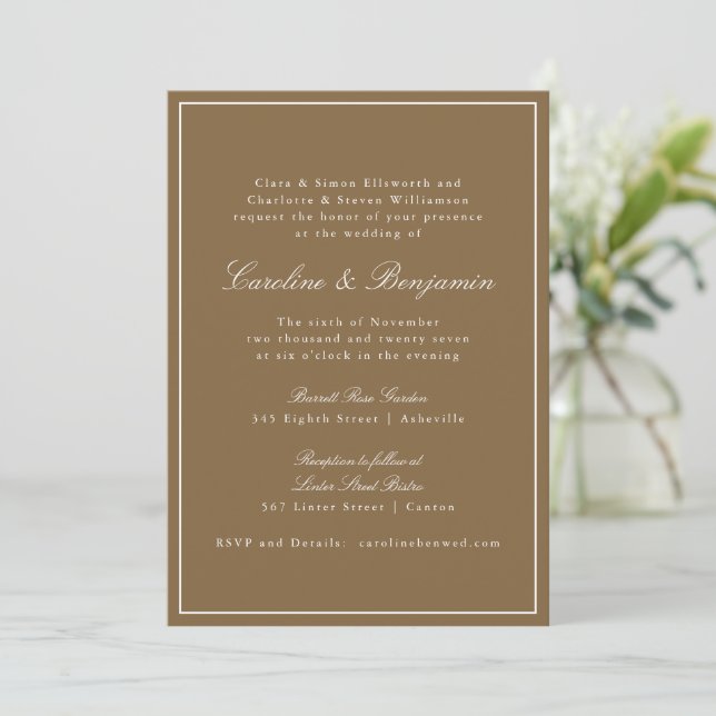 Invitation Mariage Élégant Classique Chaud Brun Script (Debout devant)