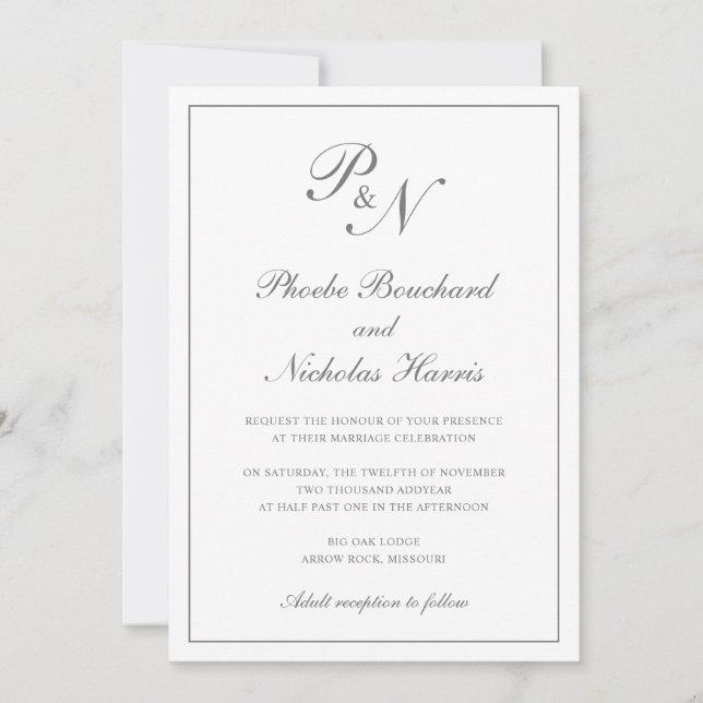 Invitation Mariage Élégant Classique Gris (Devant)