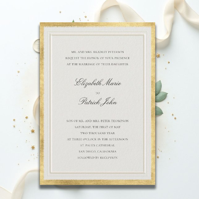 Invitation Mariage Élégant Classique Moderne Crème Doré Forme (formal traditional wedding invitation modern classic double frame ballroom gold ecru black white)