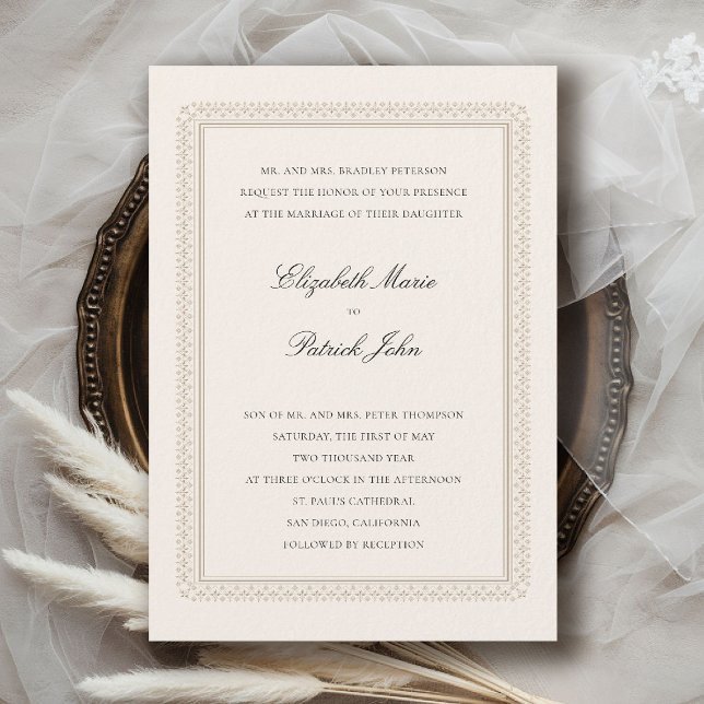 Invitation Mariage Élégant Classique Moderne Crème Formel (formal traditional wedding invitation modern classic double frame deco ballroom black tie ecru)
