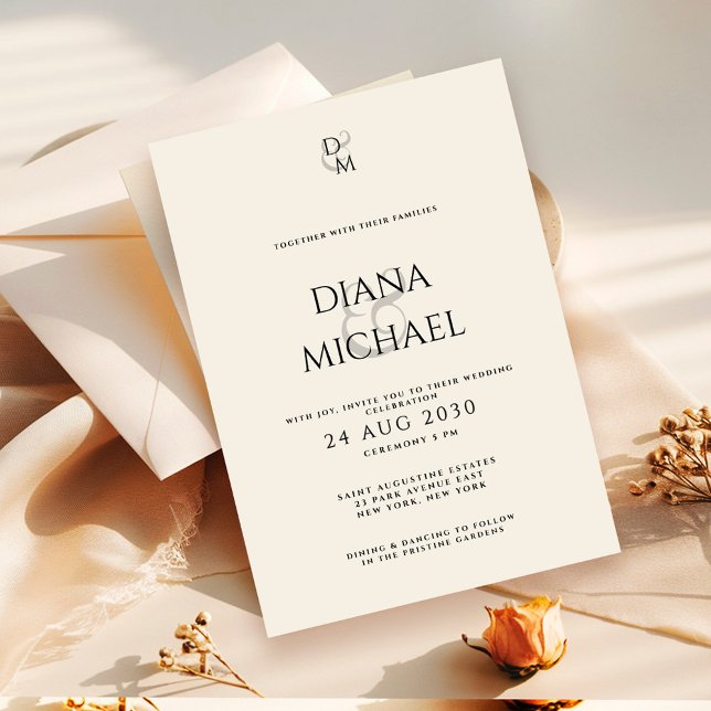 Invitation Mariage Élégant Classique Monogramme Noir & Ivoire (Créateur téléchargé)