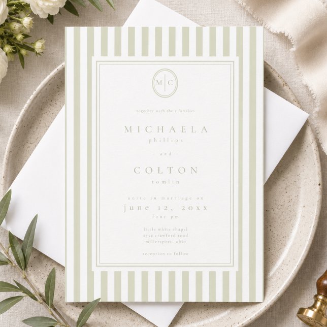 Invitation Mariage Élégant Classique Monogramme Rayure Vert S (Créateur téléchargé)