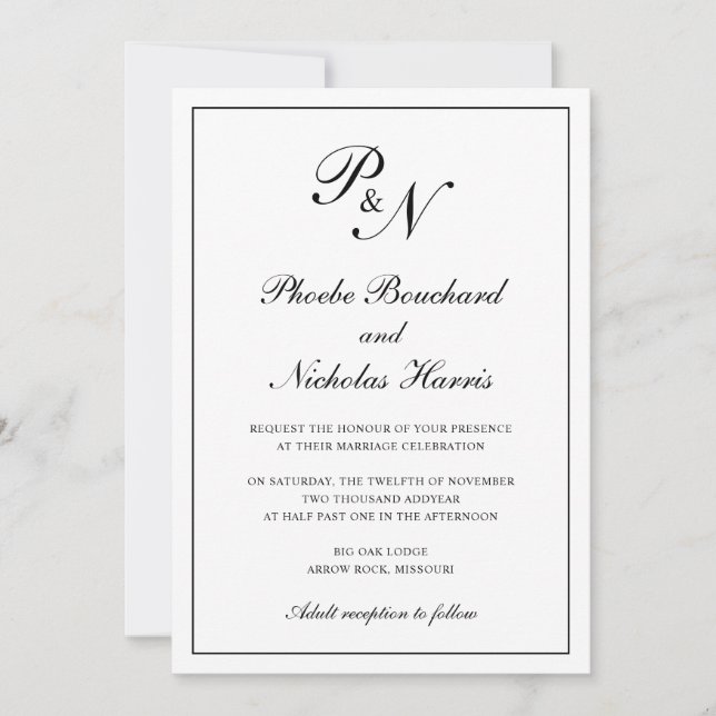 Invitation Mariage élégant classique noir et blanc (Devant)
